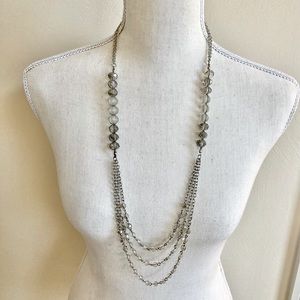 LOFT Long Chain & Bead Necklace; clear AB & Frosted White on silver tone metal